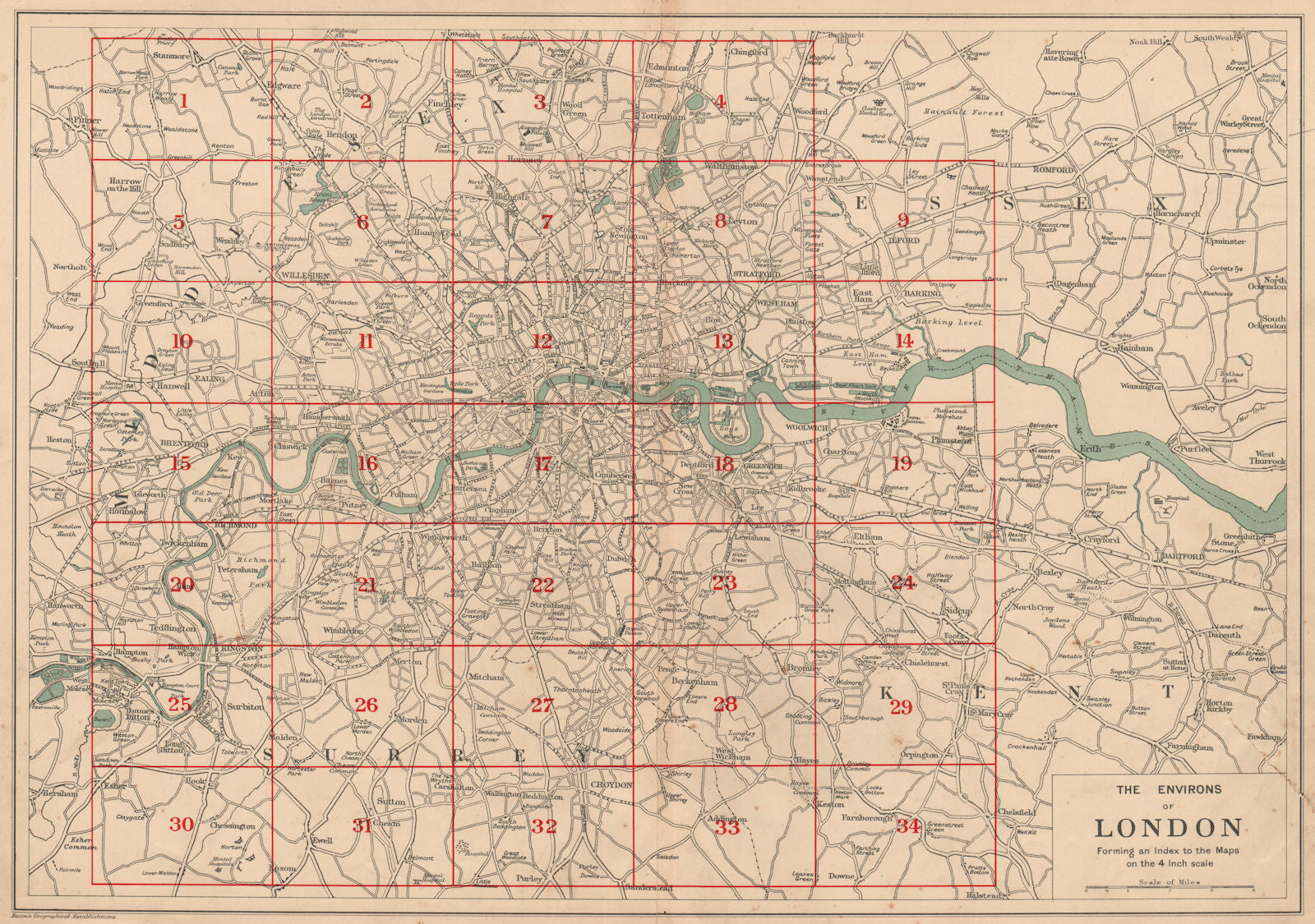 THE ENVIRONS OF LONDON. Index map. Main roads. BACON 1927 old vintage